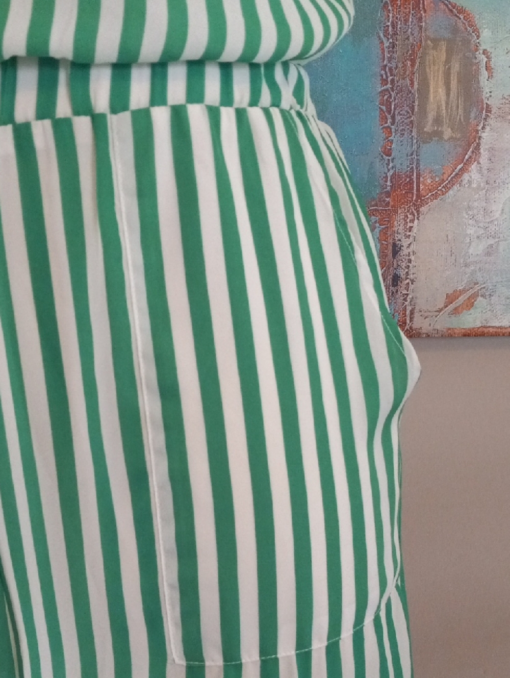 Tiana B. Wide Leg Green and White Vertical Stripe Sleeveless Jumpsuit Romper - Picture 5 of 16